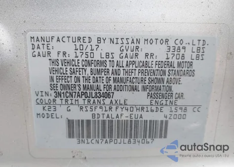 2018 Nissan Versa 1.6 S from USA, damaged, VIN 3N1CN7AP0JL834067